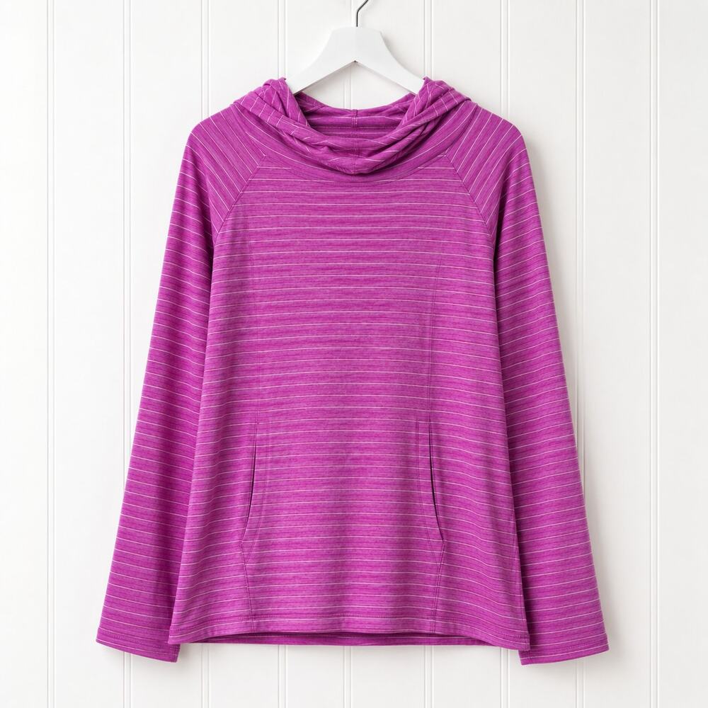 GapFit Pink White Striped Cowl Neck Hoodie Women's Large Long Sleeve Active Top